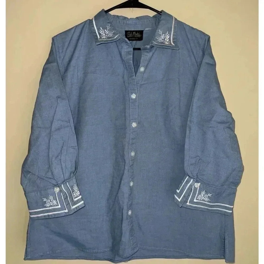 Bob Mackie Wearable Art Western Style Embroidered Button Down Shirt Large Blue